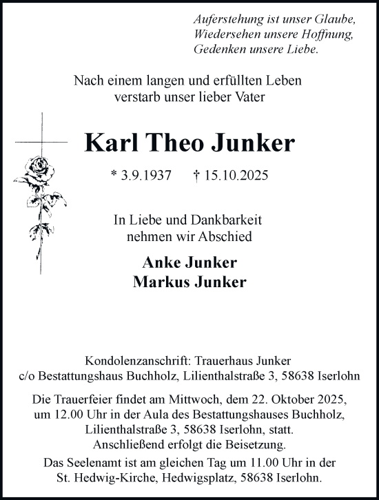 Traueranzeige von Karl Theo Junker von Tageszeitung