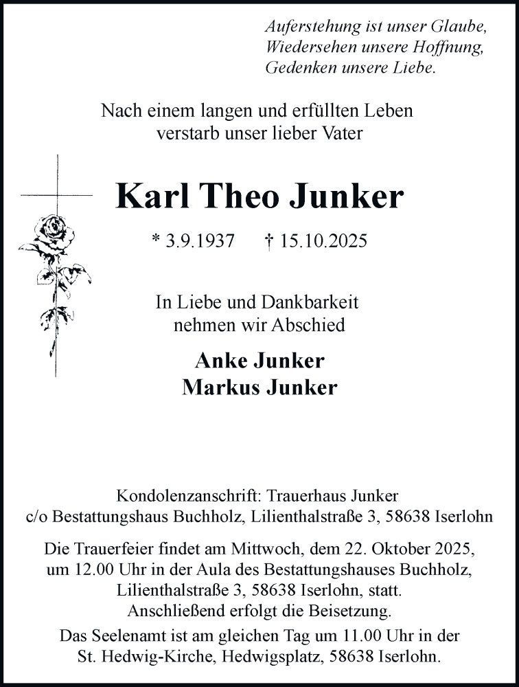  Traueranzeige für Karl Theo Junker vom 18.10.2025 aus Tageszeitung