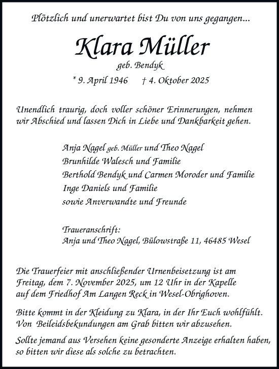 Traueranzeige von Klara Müller von Tageszeitung