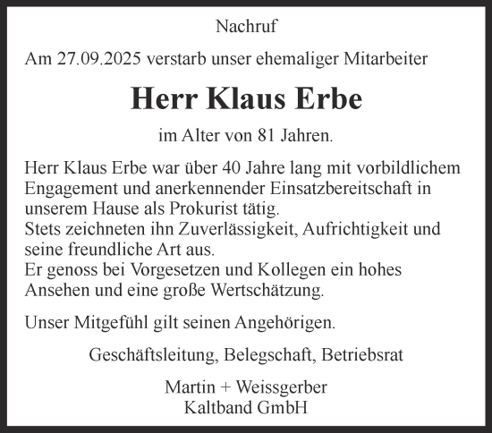 Traueranzeige von Klaus Erbe von Tageszeitung