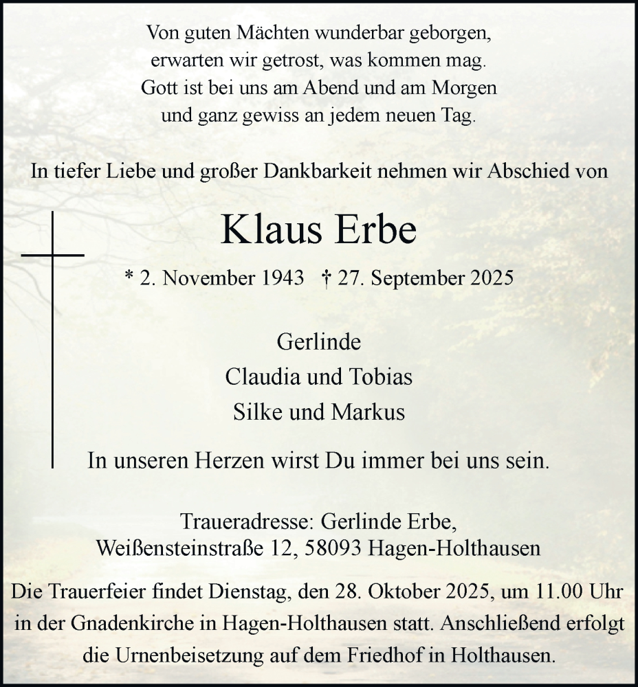  Traueranzeige für Klaus Erbe vom 25.10.2025 aus Tageszeitung
