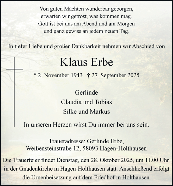 Traueranzeige von Klaus Erbe von Tageszeitung