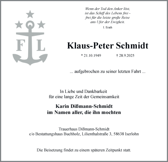 Traueranzeige von Klaus-Peter Schmidt von Tageszeitung