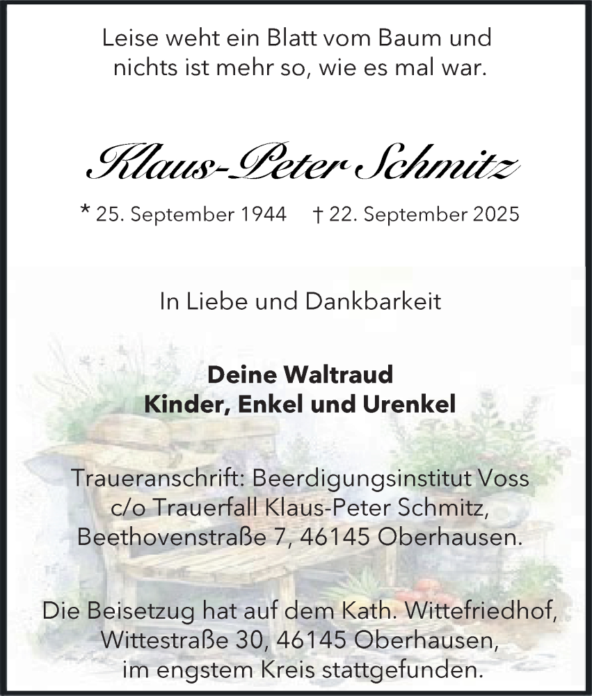  Traueranzeige für Klaus-Peter Schmitz vom 18.10.2025 aus Tageszeitung