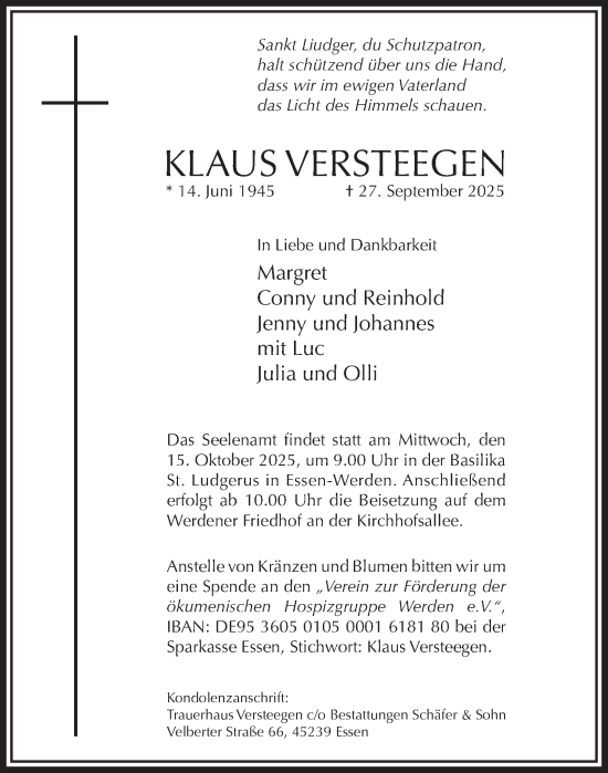 Traueranzeige von Klaus Versteegen von Tageszeitung