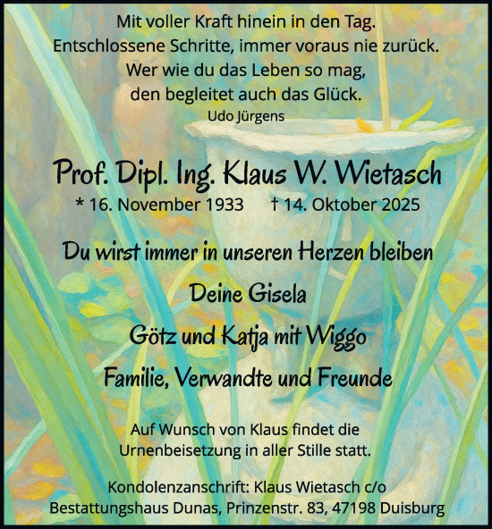 Traueranzeige von Klaus W. Wietasch von Tageszeitung