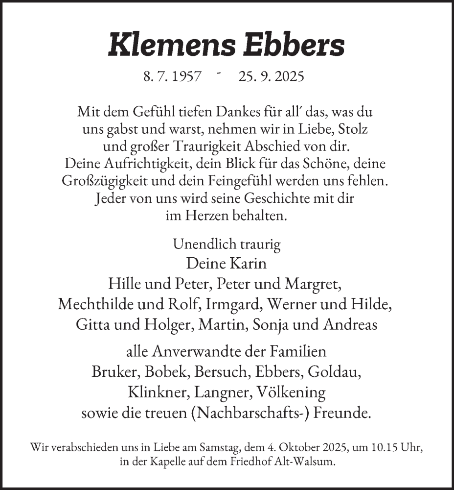  Traueranzeige für Klemens Ebbers vom 01.10.2025 aus Tageszeitung