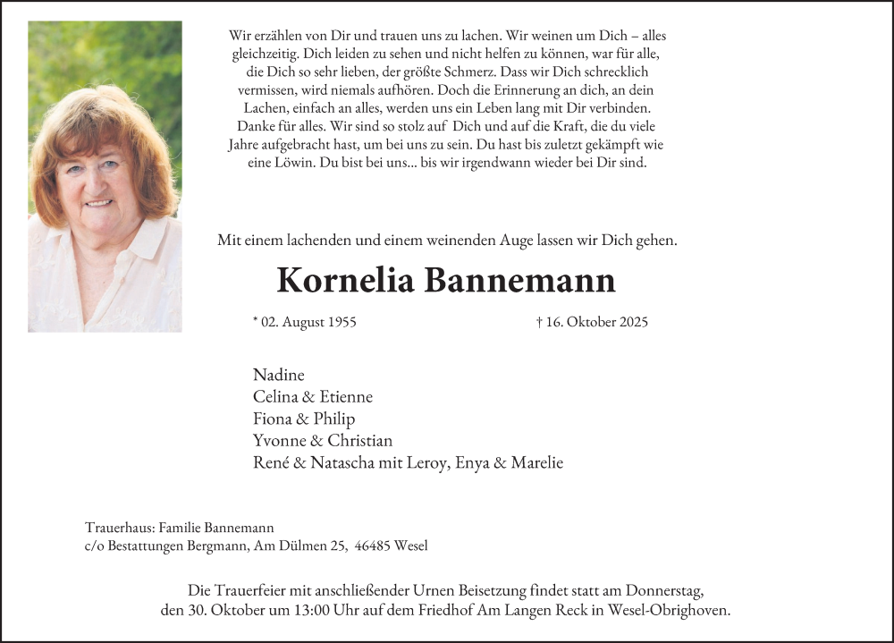  Traueranzeige für Kornelia Bannemann vom 25.10.2025 aus Tageszeitung