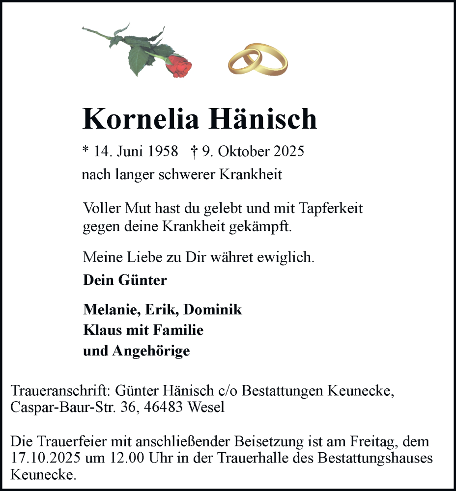  Traueranzeige für Kornelia Hänisch vom 15.10.2025 aus Tageszeitung
