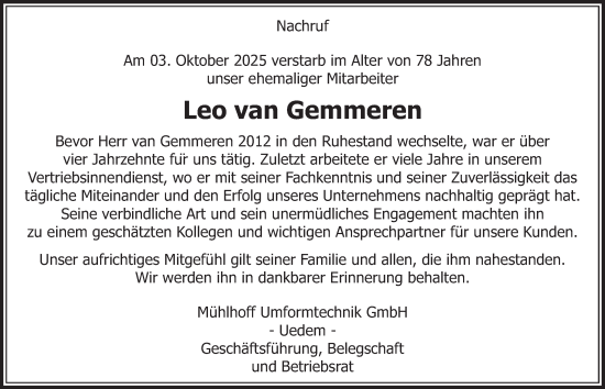 Traueranzeige von Leo van Gemmeren von Tageszeitung