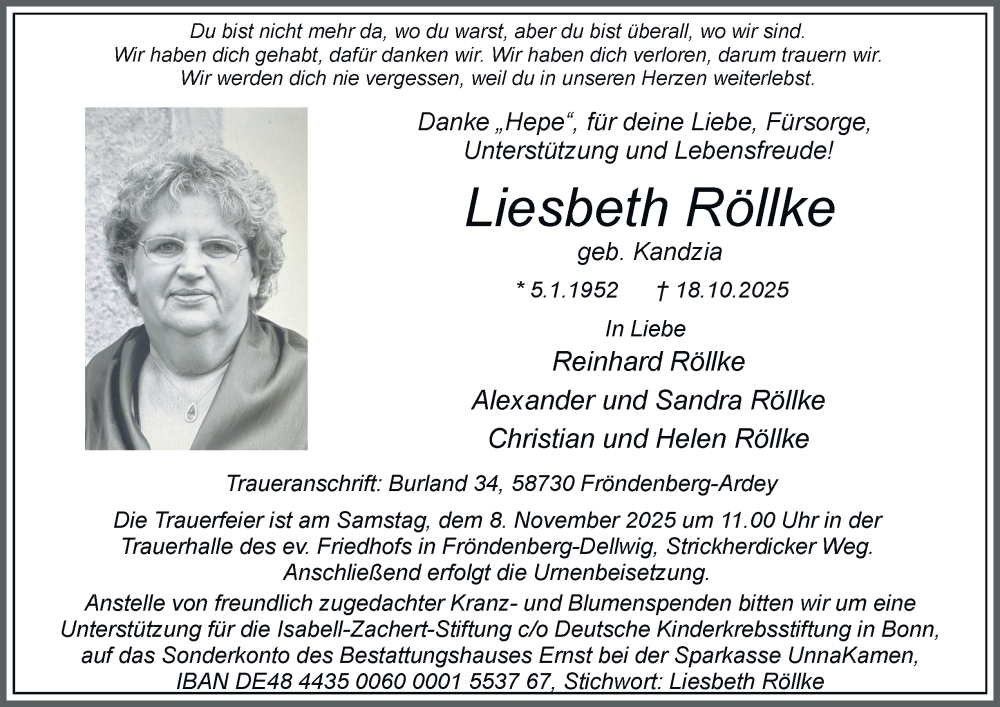  Traueranzeige für Liesbeth Röllke vom 01.11.2025 aus Tageszeitung