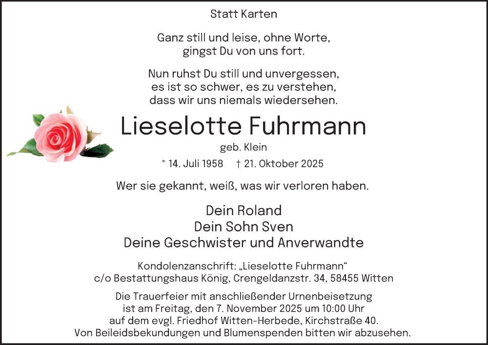  Traueranzeige für Lieselotte Fuhrmann vom 01.11.2025 aus Tageszeitung