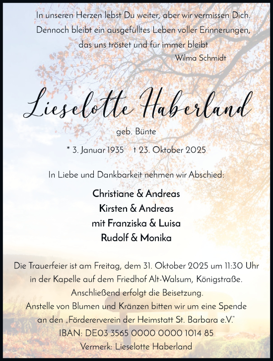Traueranzeige von Lieselotte Haberland von Tageszeitung