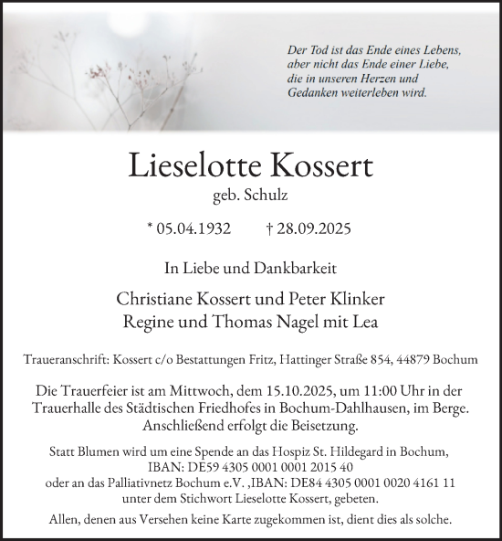 Traueranzeige von Lieselotte Kossert von Tageszeitung