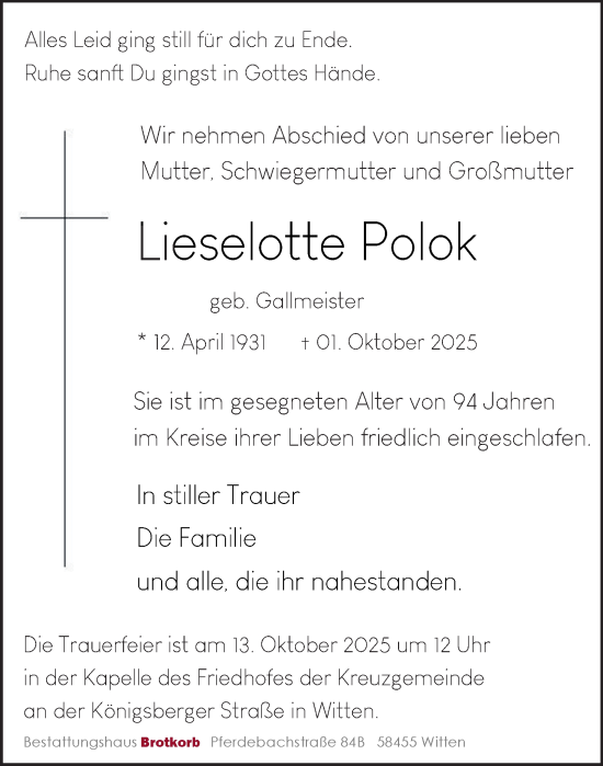Traueranzeige von Lieselotte Polok von Tageszeitung