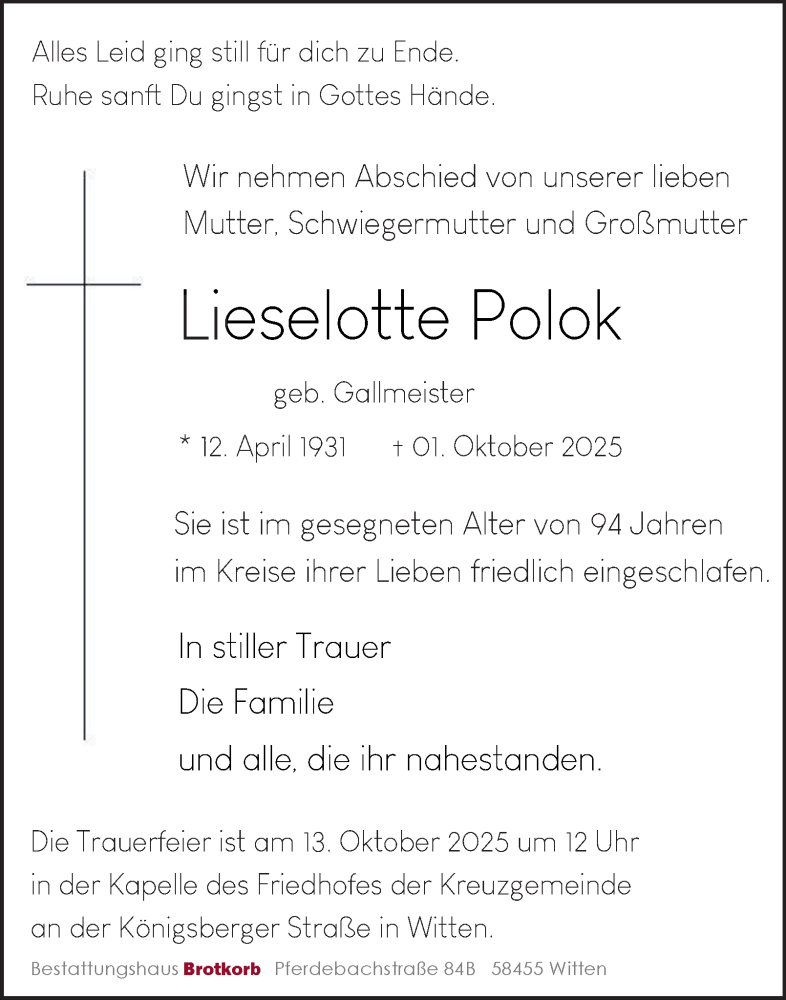  Traueranzeige für Lieselotte Polok vom 11.10.2025 aus Tageszeitung