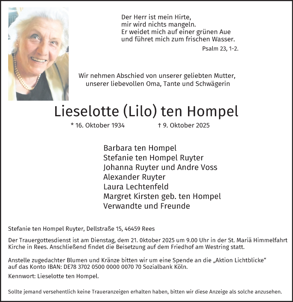  Traueranzeige für Lieselotte ten Hompel vom 16.10.2025 aus Tageszeitung