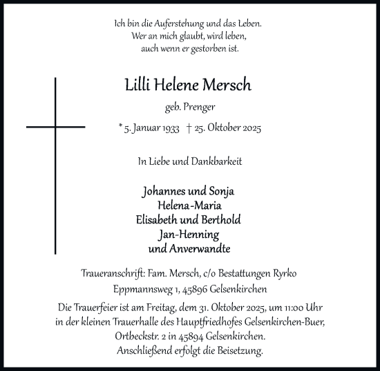 Traueranzeige von Lilli Helene Mersch von Tageszeitung