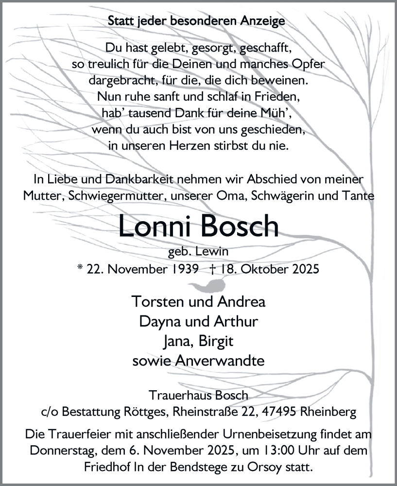  Traueranzeige für Lonni Bosch vom 01.11.2025 aus Tageszeitung