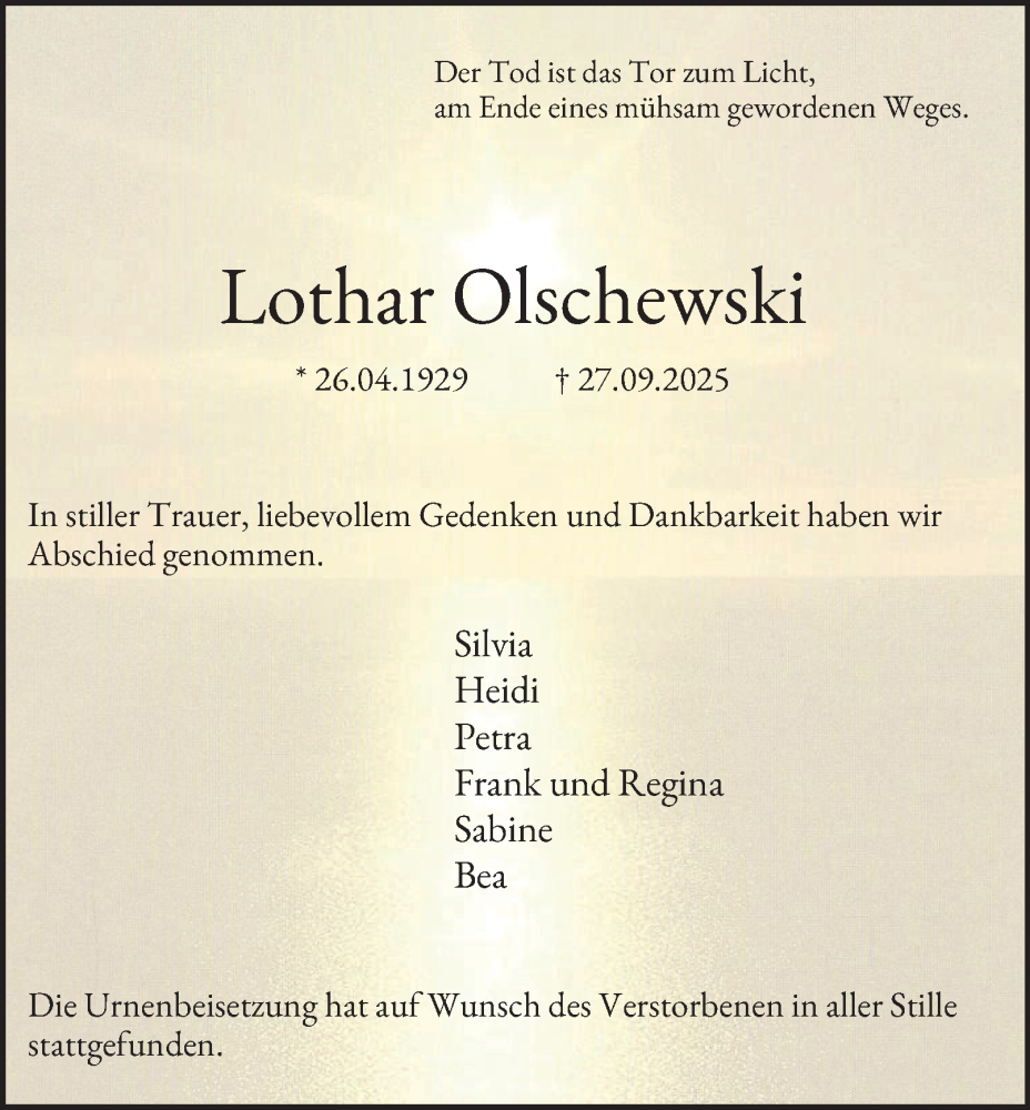  Traueranzeige für Lothar Olschewski vom 25.10.2025 aus Tageszeitung
