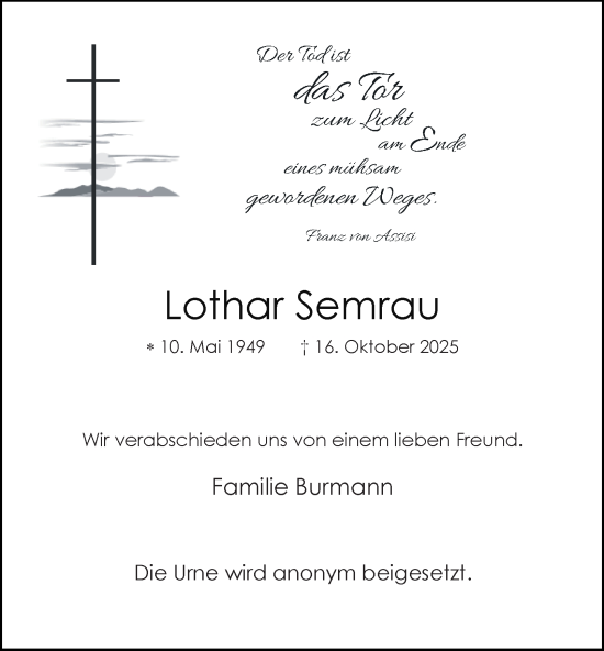 Traueranzeige von Lothar Semrau von Tageszeitung