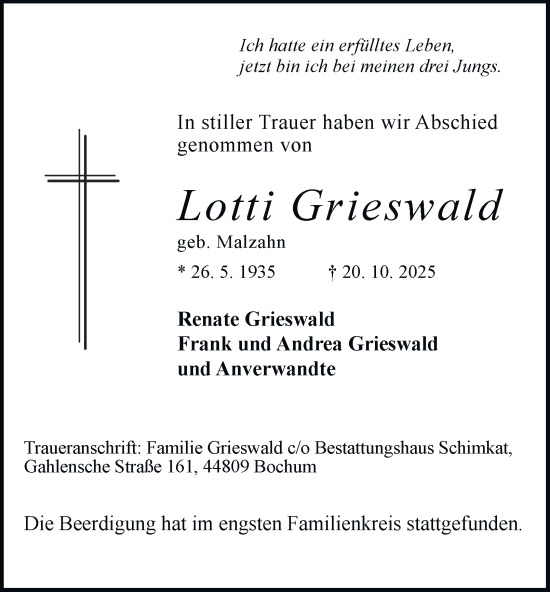 Traueranzeige von Lotti Grieswald von Tageszeitung