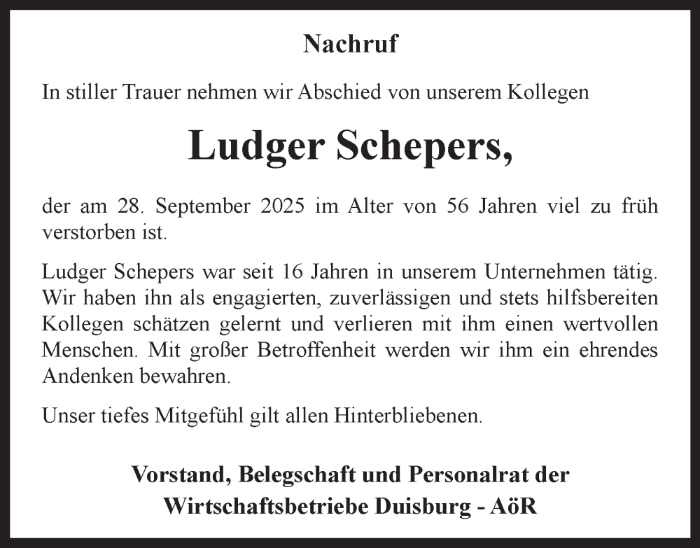  Traueranzeige für Ludger Schepers vom 15.10.2025 aus Tageszeitung
