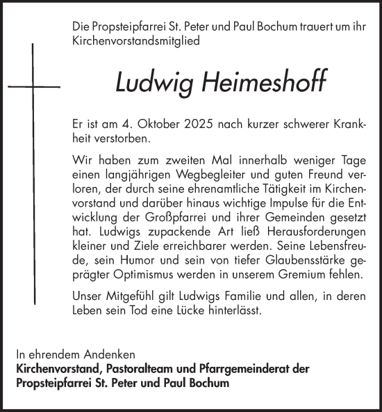 Traueranzeige von Ludwig Heimeshoff von Tageszeitung