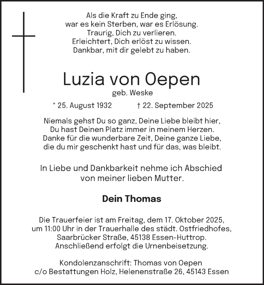  Traueranzeige für Luzia von Oepen vom 15.10.2025 aus Tageszeitung