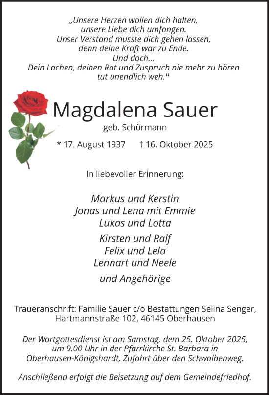 Traueranzeige von Magdalena Sauer von Tageszeitung