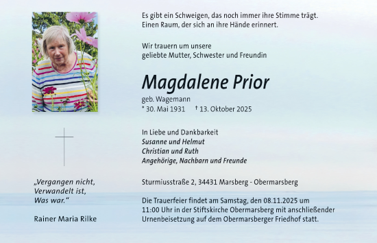 Traueranzeige von Magdalene Prior von Tageszeitung
