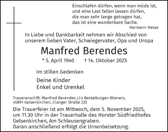 Traueranzeige von Manfred Berendes von Tageszeitung