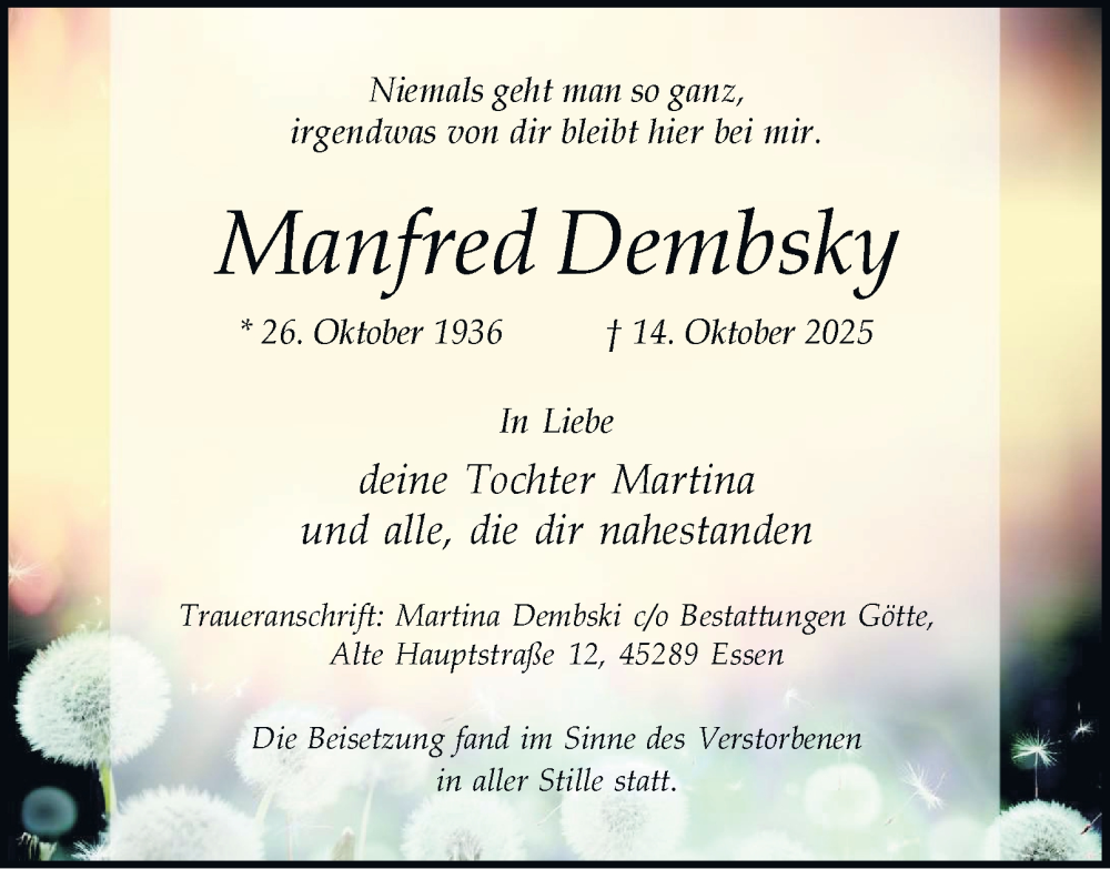  Traueranzeige für Manfred Dembsky vom 01.11.2025 aus Tageszeitung