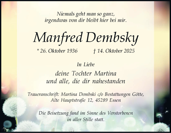 Traueranzeige von Manfred Dembsky von Tageszeitung