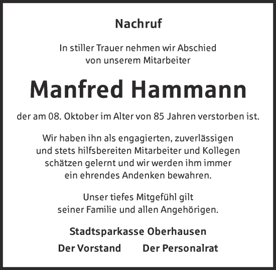 Traueranzeige von Manfred Hammann von Tageszeitung