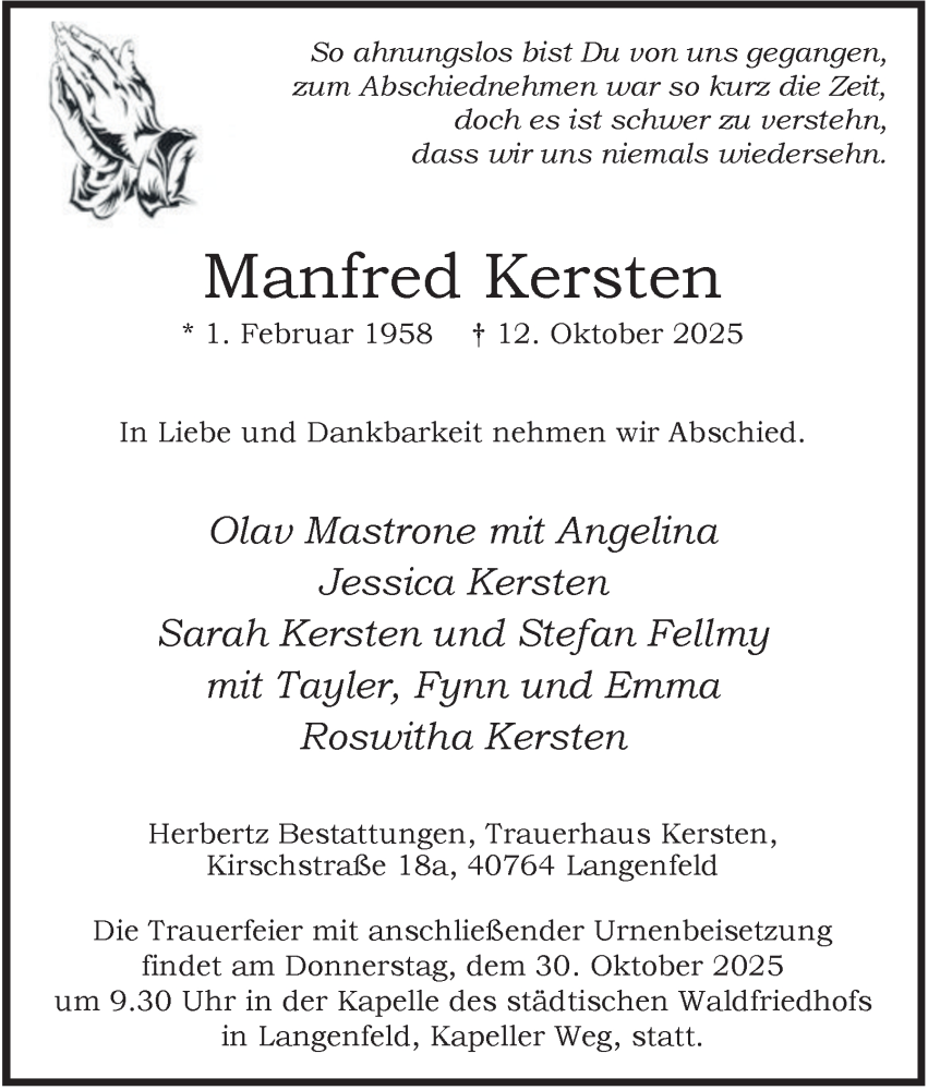  Traueranzeige für Manfred Kersten vom 25.10.2025 aus Tageszeitung