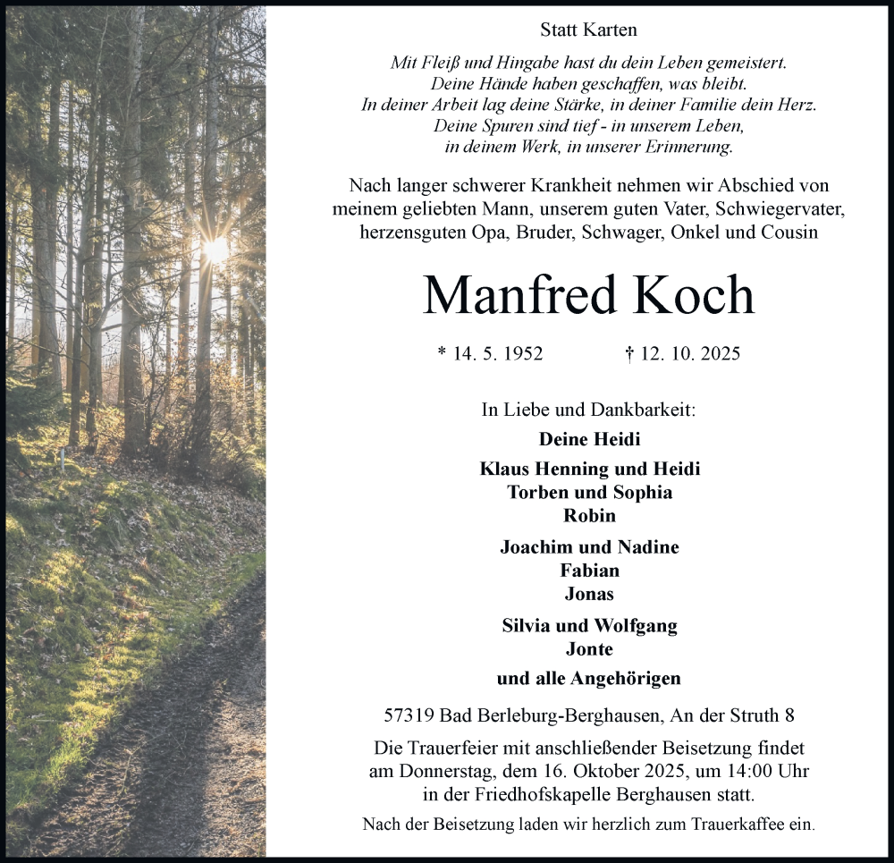  Traueranzeige für Manfred Koch vom 15.10.2025 aus Tageszeitung