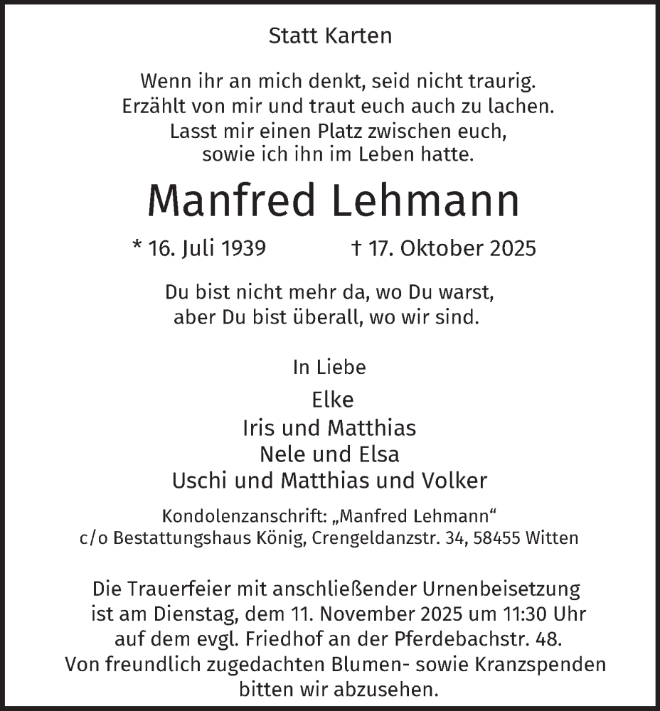  Traueranzeige für Manfred Lehmann vom 01.11.2025 aus Tageszeitung