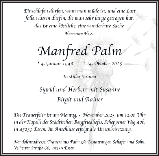 Traueranzeige von Manfred Palm von Tageszeitung