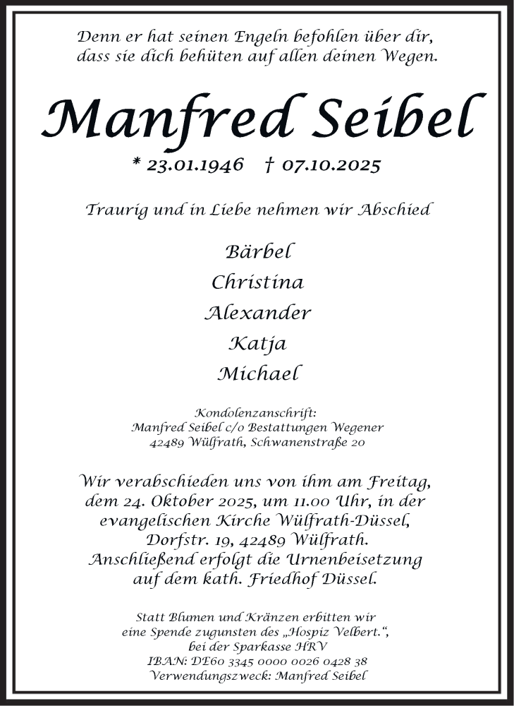  Traueranzeige für Manfred Seibel vom 18.10.2025 aus Tageszeitung