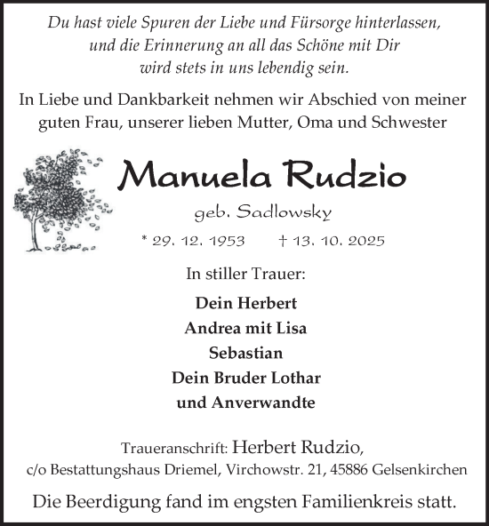 Traueranzeige von Manuela Rudzio von Tageszeitung