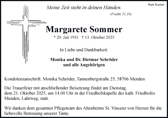 Traueranzeige von Margarete Sommer von Tageszeitung