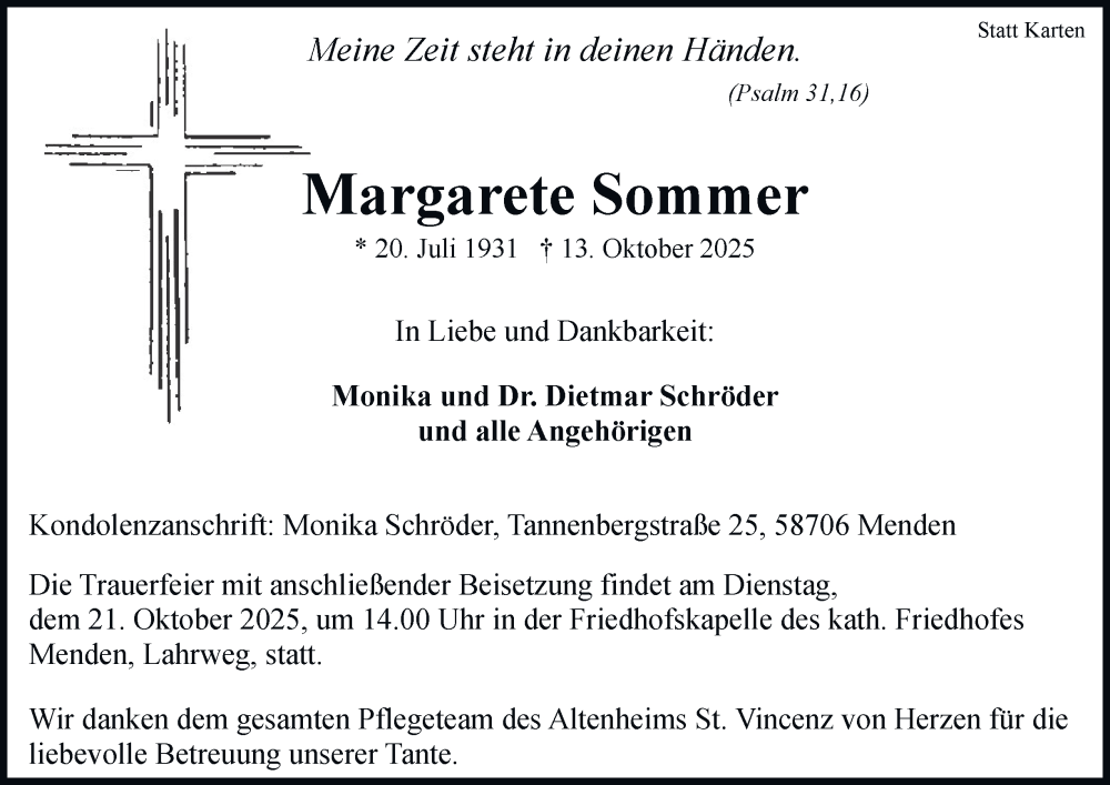  Traueranzeige für Margarete Sommer vom 18.10.2025 aus Tageszeitung