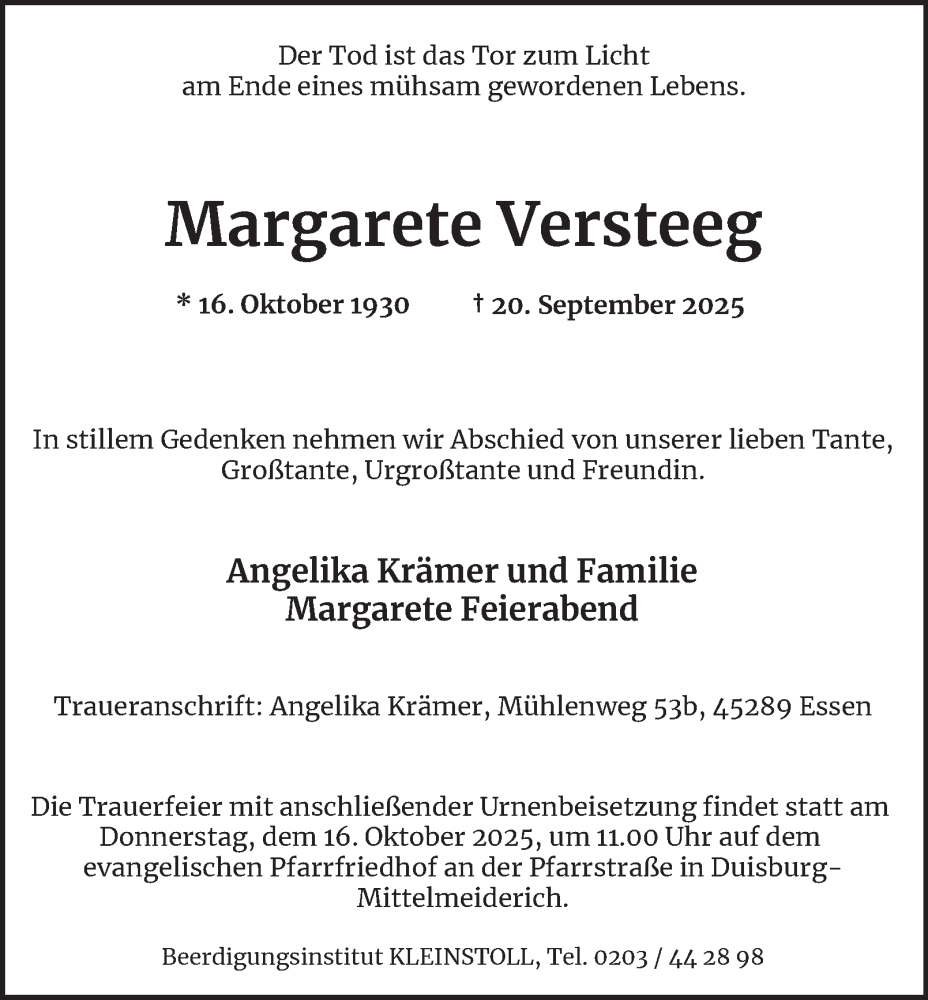  Traueranzeige für Margarete Versteeg vom 11.10.2025 aus Tageszeitung