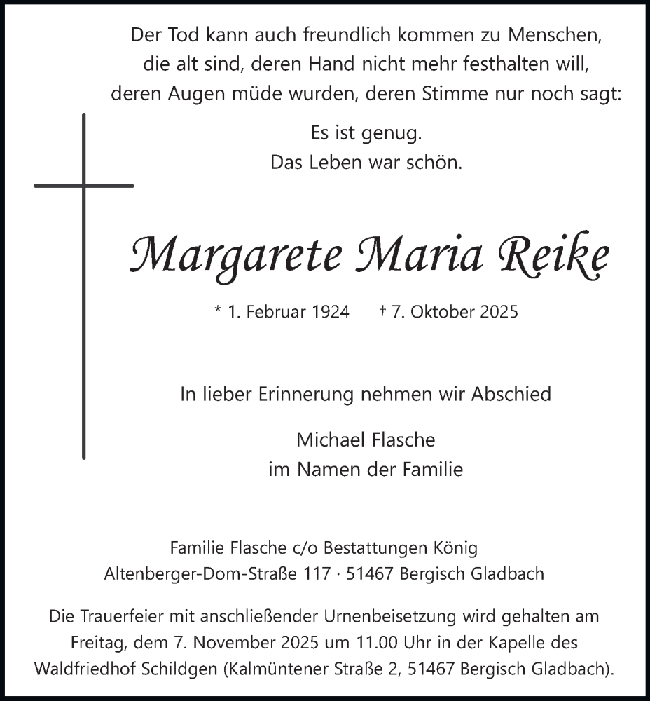  Traueranzeige für Margarete Maria Reike vom 18.10.2025 aus Tageszeitung