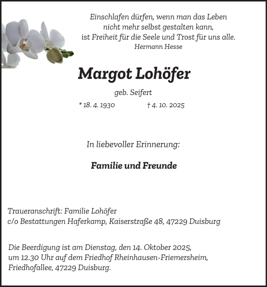 Traueranzeige von Margot Lohöfer von Tageszeitung