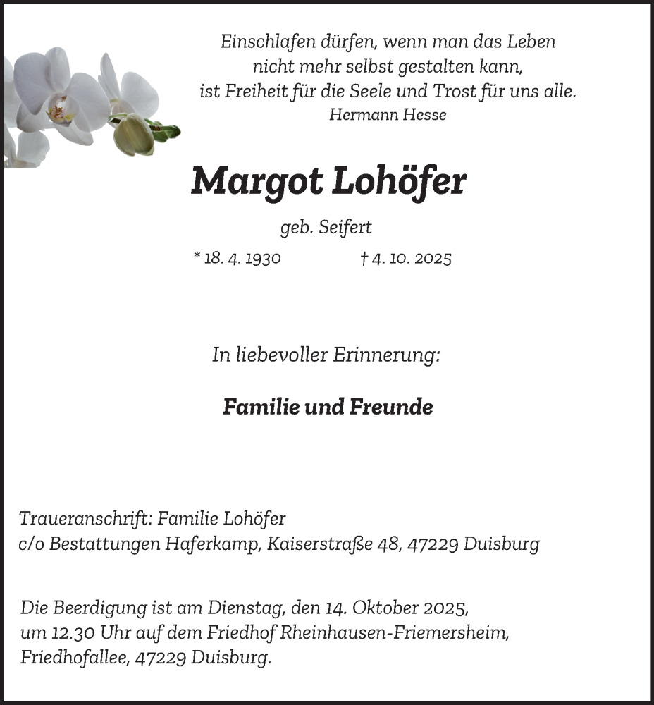  Traueranzeige für Margot Lohöfer vom 09.10.2025 aus Tageszeitung