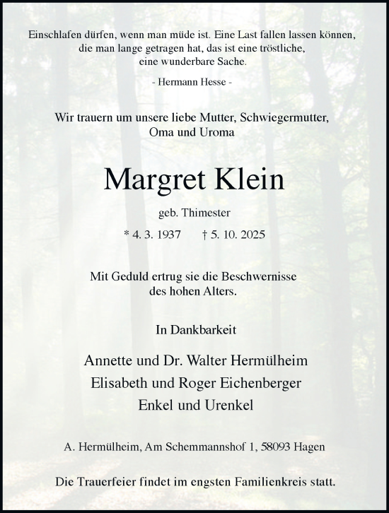 Traueranzeige von Margret Klein von Tageszeitung