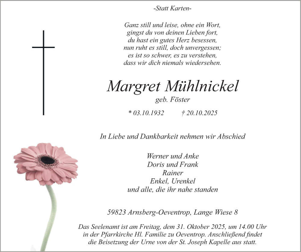 Traueranzeige für Margret Mühlnickel vom 25.10.2025 aus Tageszeitung