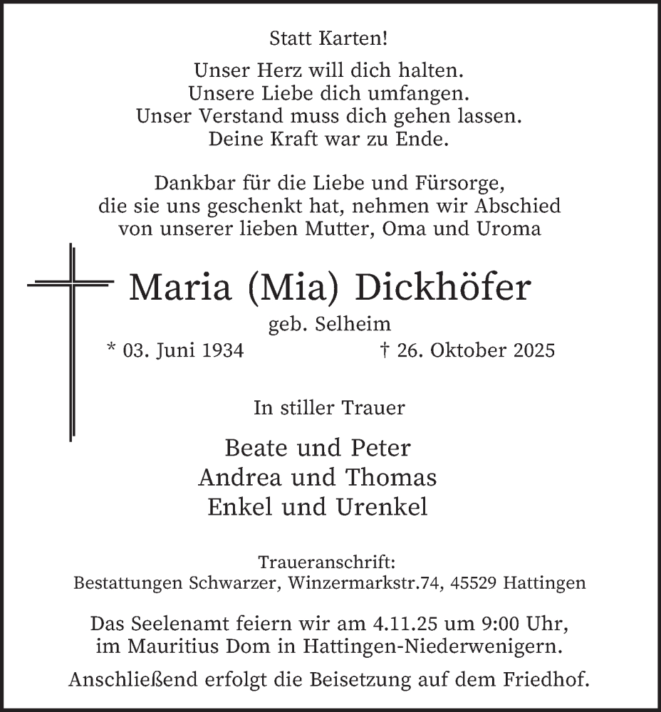  Traueranzeige für Maria Dickhöfer vom 01.11.2025 aus Tageszeitung